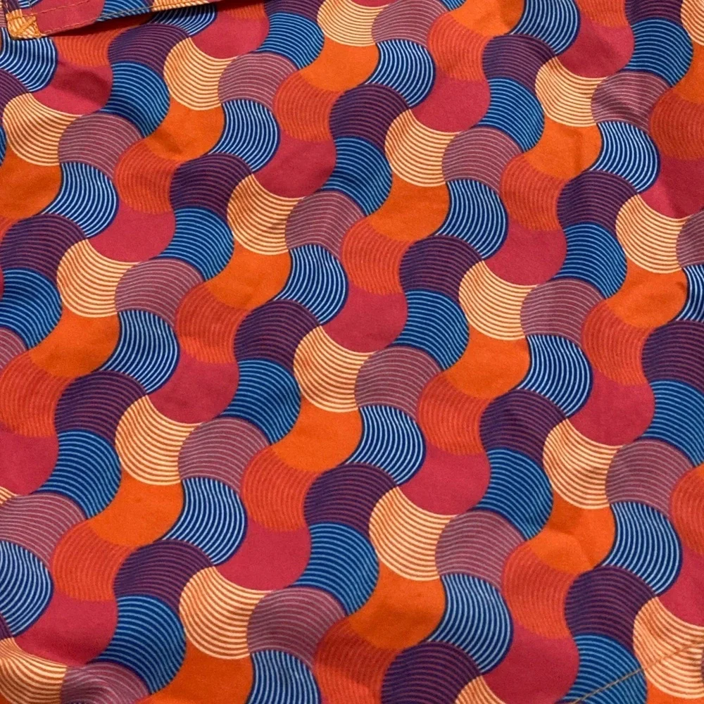 Psycho Bunny Orange Red Blue Geometric Swim Trunks